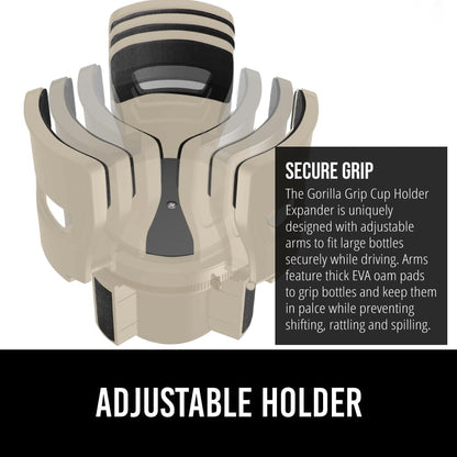 GORILLA GRIP Patent Pending Adjustable Car Cup Holder Expander, Keeps Water Bottle Secure, Expands to Fit 18 to 48 oz Large Bottles, Yeti, Owala, Stanley with Handle, Coffee Mug Insert for Cars, Black