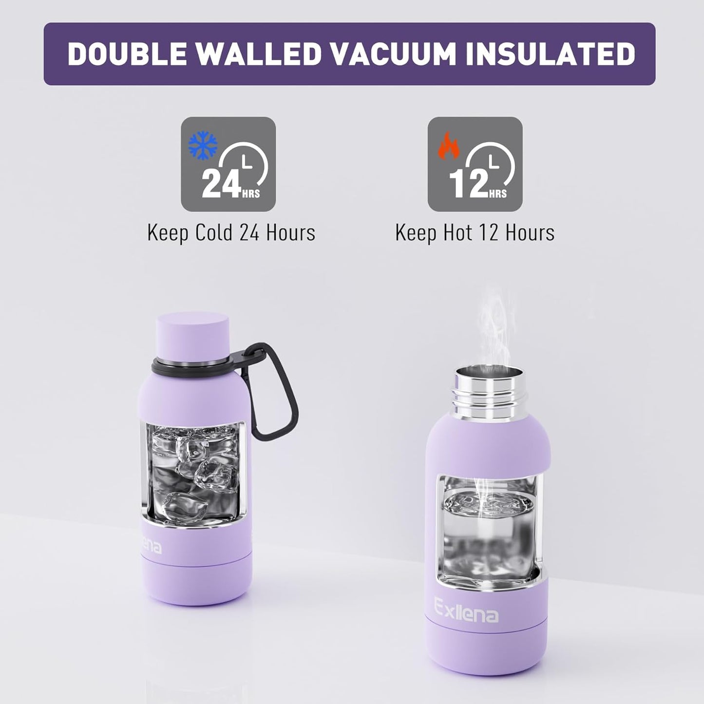Exllena Slim Insulated Water Bottles for Travel 18oz with Clip, Double Wall Vacuum Stainless Steel Water Bottle Keeps Drinks Cold 24 Hrs/Hot 12 Hrs, 100% Leakproof, BPA Free(Black)