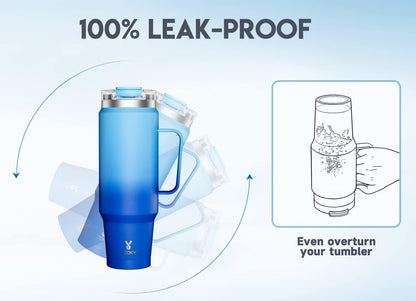 Meoky 32oz Tumbler with Handle, Stainless Steel Travel Mug with 2-in-1 Straw and Sip Lid, Vacuum Insulated Coffee Mug, 100% Leak Proof, Keeps Cold for 24 Hours or Hot for 8 Hours (Sky)