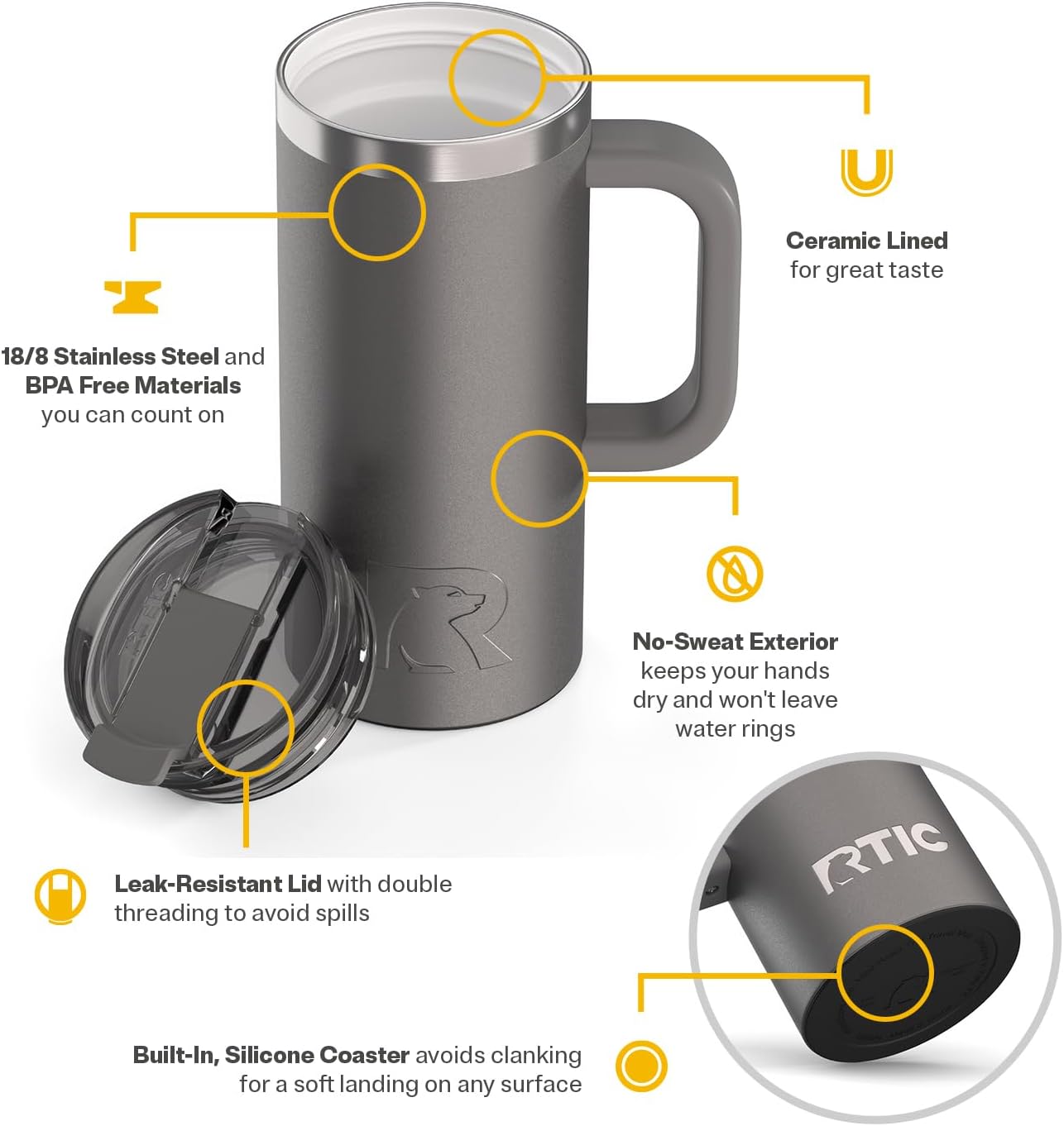 RTIC 20oz Road Trip Travel Mug with Lid and Handle, Ceramic Lined, Insulated, Stainless Steel, Metal, Double Wall Vacuum-Insulation, Portable Coffee, Tea Cup for Hot and Cold Drink, Black