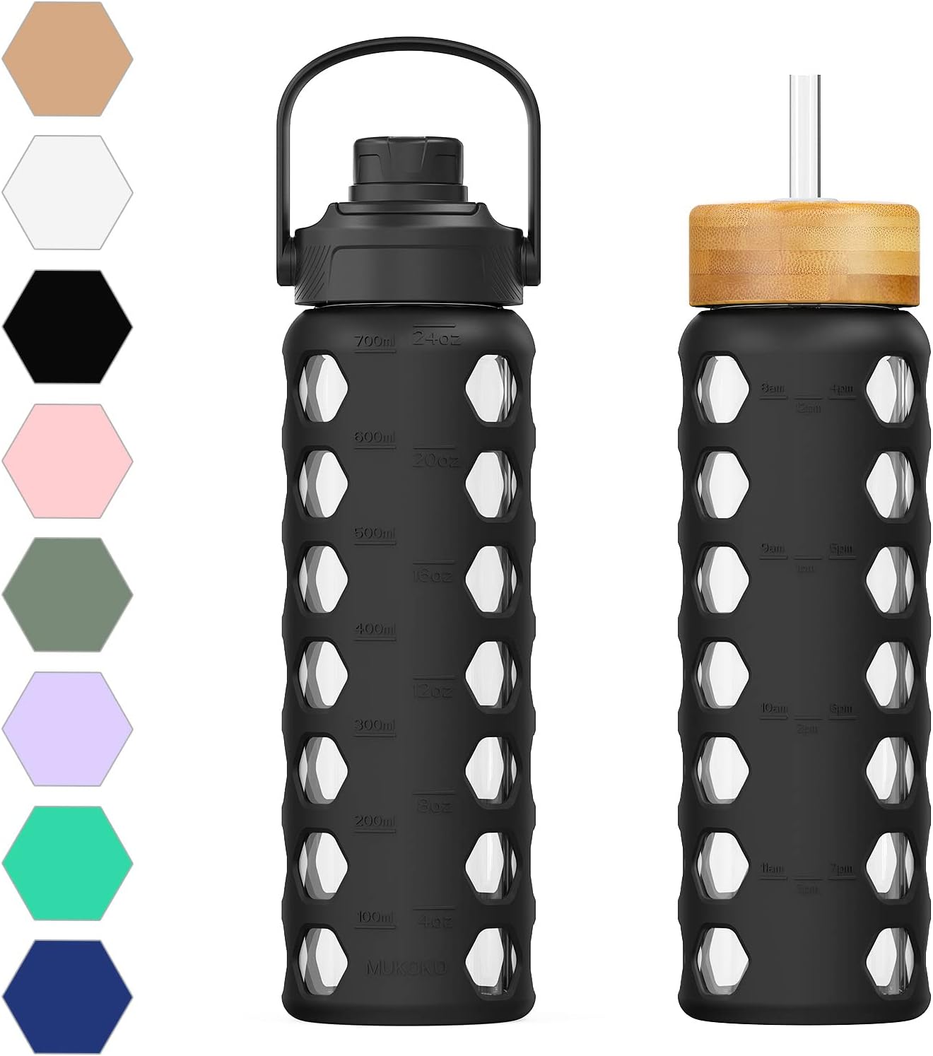 MUKOKO Glass Water Bottles, 32oz Glass Tumbler with Straw, Drinking Bottles with 2 Lids-Handle Spout Lid&Bamboo Straw Lid, Motivational Water Bottle with Time Marker and Silicone Sleeve, 1 Pack-Olive