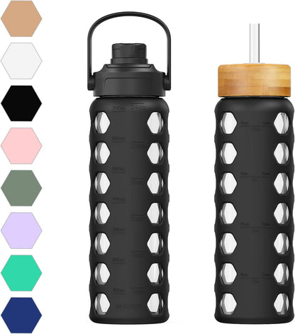MUKOKO Glass Water Bottles, 32oz Glass Tumbler with Straw, Drinking Bottles with 2 Lids-Handle Spout Lid&Bamboo Straw Lid, Motivational Water Bottle with Time Marker and Silicone Sleeve, 1 Pack-Olive