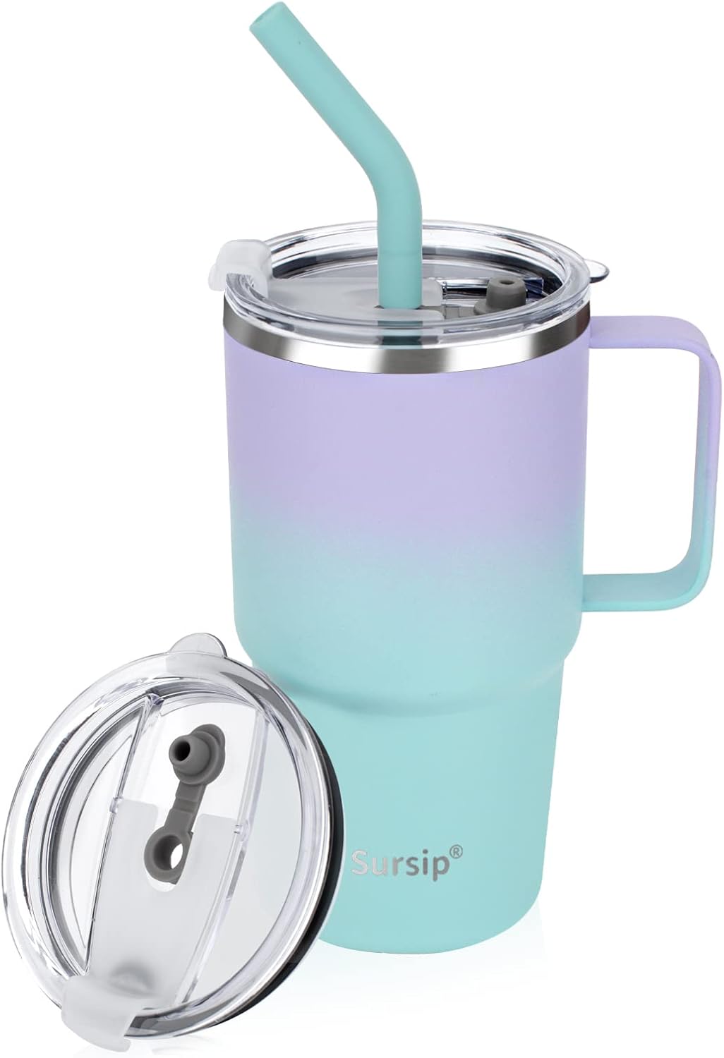 Sursip Insulated Coffee Mug with Handle and Lid, 24 oz Double Wall Vacuum Travel Thermal Coffee Tumbler with Straw for Home, Office Stainless Steel Coffee Cup - Leak proof, BPA Free (Black-1 Pack)