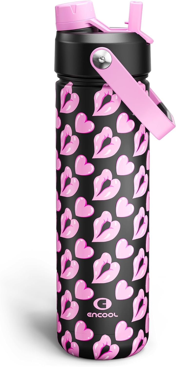ENCOOL Insulated Water Bottle with Straw Stainless Steel Water Bottle, Leak-Proof, BPA-Free, Double Wall Vacuum Keeps Cold for 24 Hours for Sports, Travel, School (26 oz, Cotton Candy) - Colors C