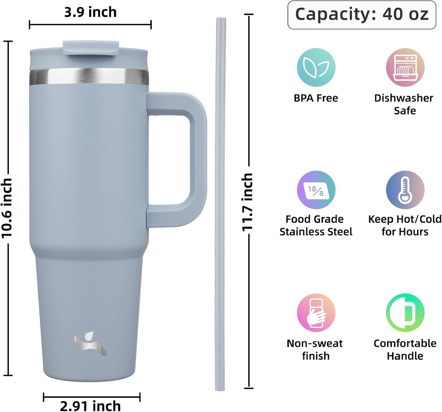 Konokyo 30 oz Tumbler with Handle and 2 Straws,2 in 1 Lid Insulated Water Bottle Stainless Steel Travel Coffee Mug,Sky