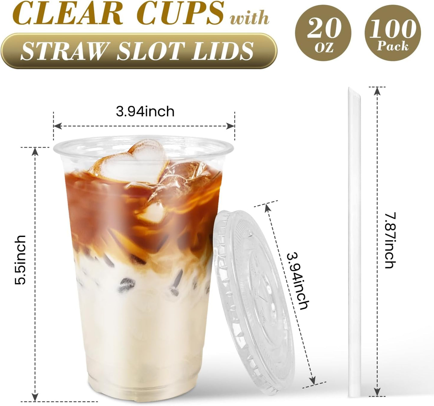 Ginkgo 32 oz Clear Plastic Cups with Lids and Jumbo Straws, Disposable To Go Iced Coffee Cups for Smoothie, Boba Milk Tea - 50 Pack
