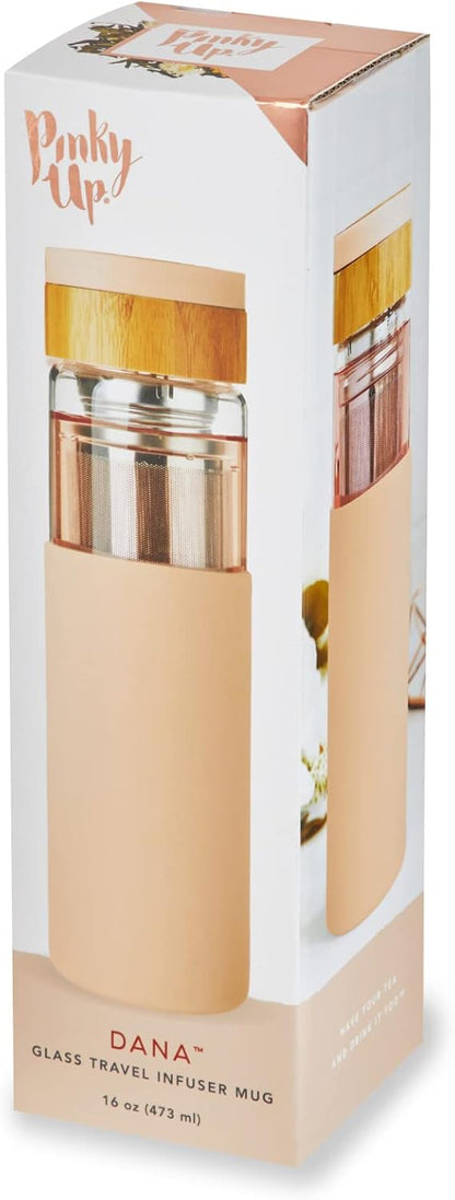 Pinky Up Blair Travel Tea Infuser Mug, Double Walled Insulated Travel Tumbler with Loose Leaf Tea Strainer, Travel Coffee Mug, Keeps Drinks Hot or Cold, 16 oz, White Leaf