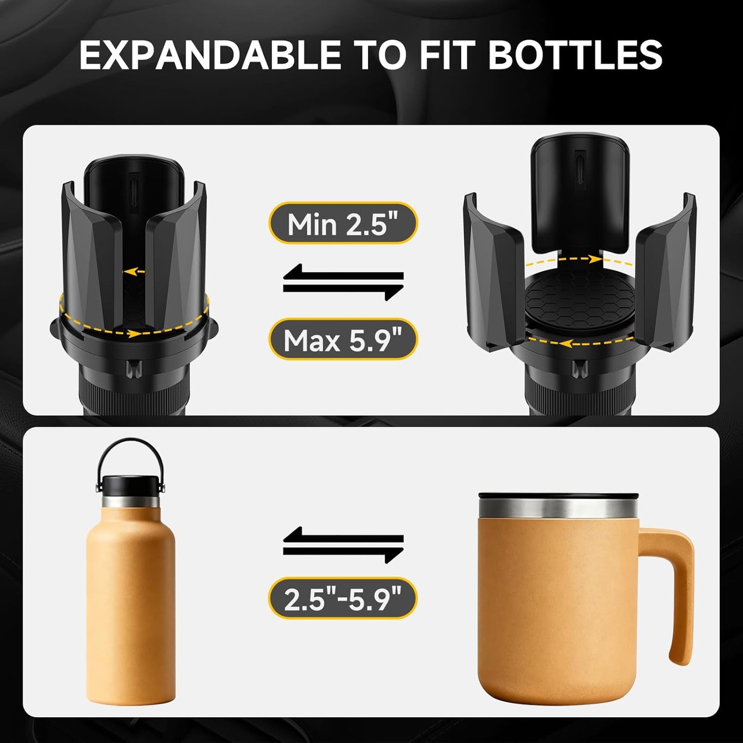 DYLEN Car Cup Holder Expander, Cup Holder Expander Adapter for Car with Expandable Arms, Fits Yeti, HydroFlask, Stanley 14-64oz, Other Large Drinks and Mugs in 2.5”-5.9”