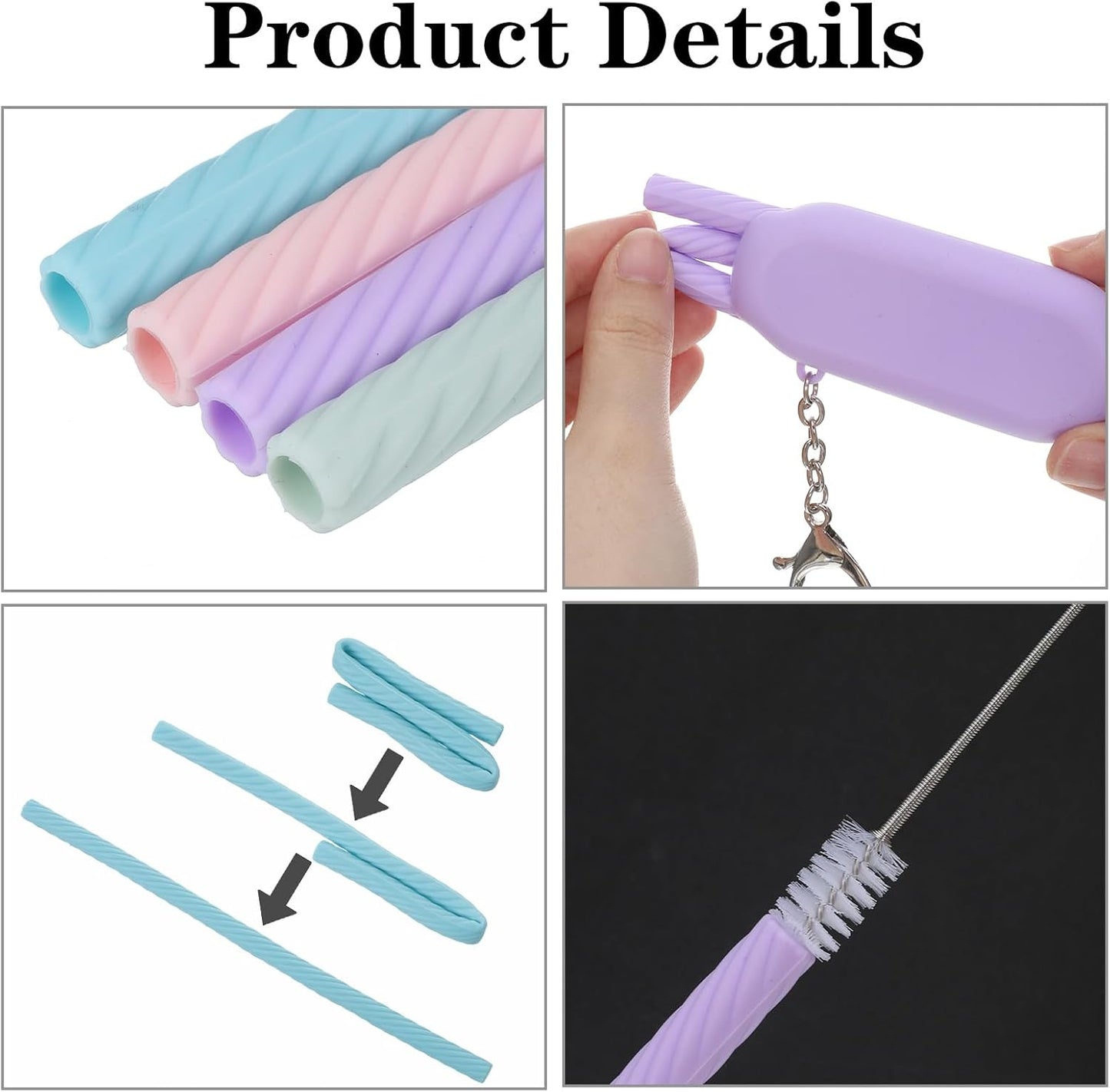 4 Set Portable Straw, Travel Straws Reusable with Case Silicone Straws Reusable for Party Travel Cold or Hot with 4 Carry Case and Cleaning Brushes (Purple,Pink,Green, Blue）