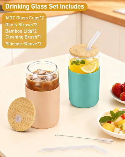 sungwoo 4PCS Glass Cups with Bamboo Lids and Straws, 16OZ Ice Coffee Cup, Drinking Cup set with Wooden Lids, Home Essential Glass Tumblers for Beer, Cocktail, Tea and Latte Clear