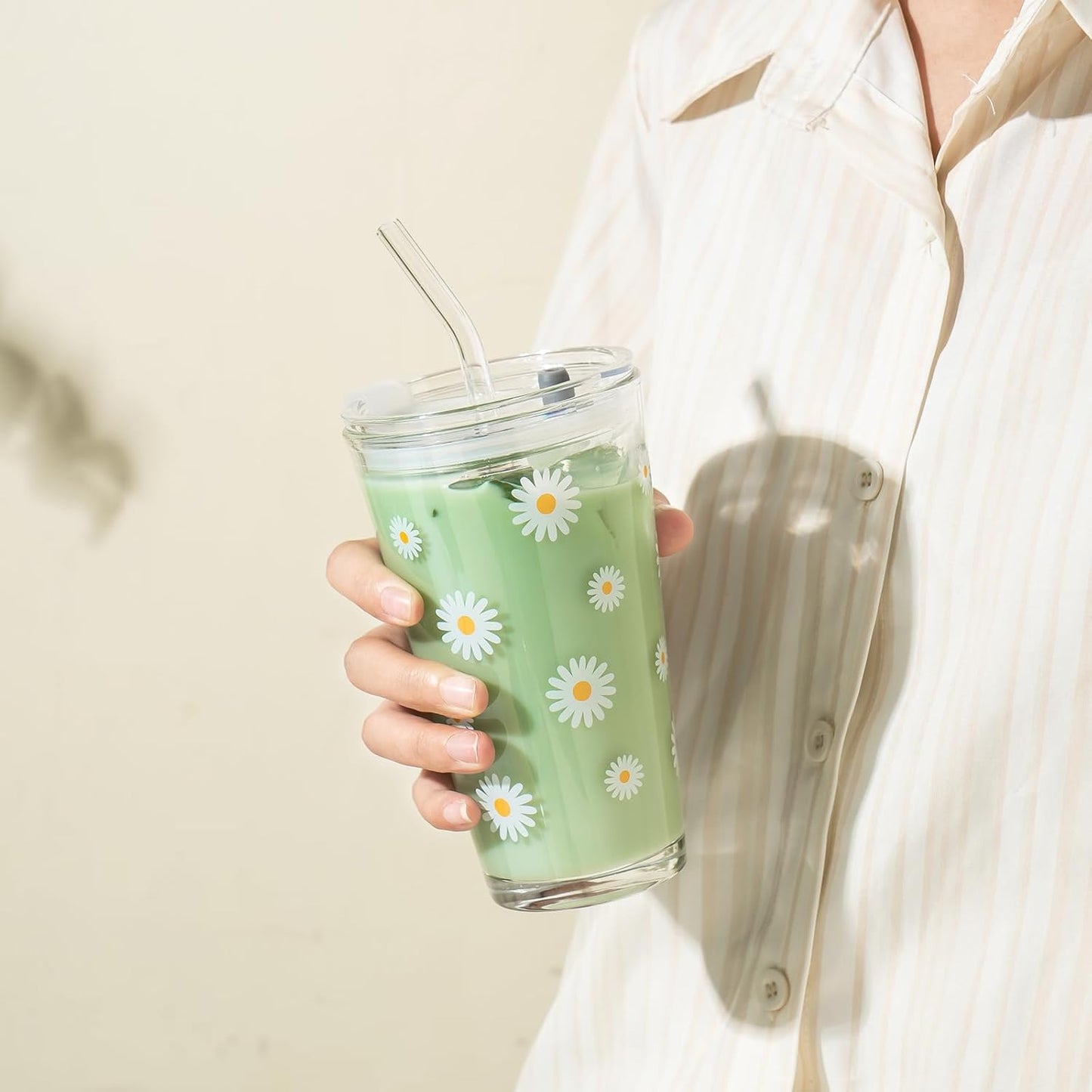 Olvini 15oz Glass Tumbler with Straw and Lid, Cute Iced Coffee Cups, Aesthetic Glass Cups, Coffee Tumbler, Water Cup, Matcha Cup, Drinking Glasses (Clear)