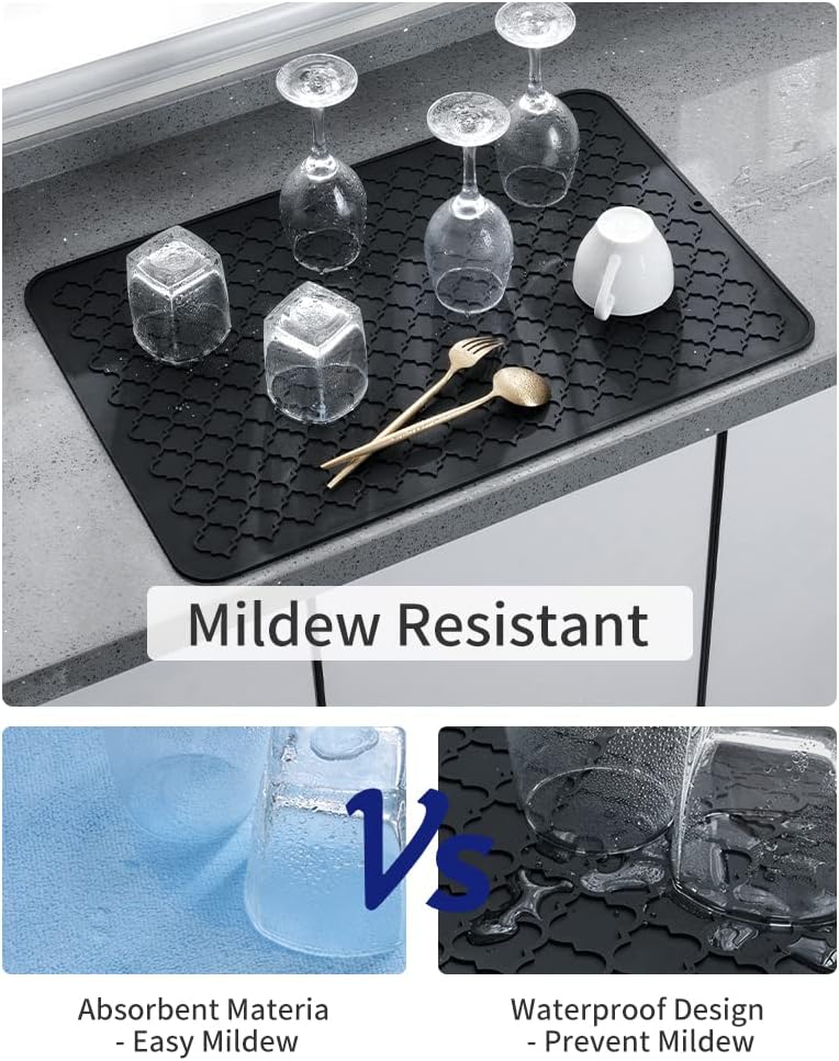 AMOAMI-Dish Drying Mats for Kitchen Counter-Silicone Dish Drying Mat-Kitchen Dish Drying Pad Heat Resistant Mat-Kitchen Gadgets Kitchen Accessories Kitchen Small Appliances(12" x 16", BLACK)