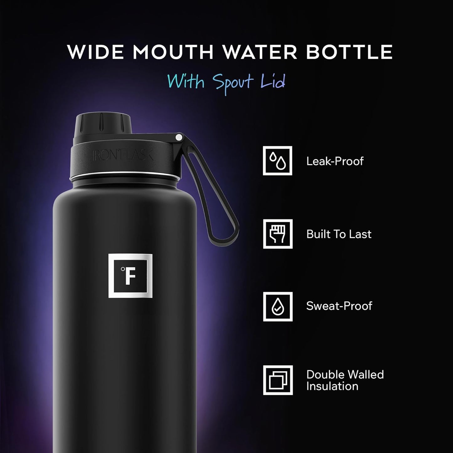 IRON °FLASK Camping & Hiking Hydration Flask with Straw, Wide Mouth Insulated Stainless Steel Sports Water Bottle - 40 oz Midnight Black
