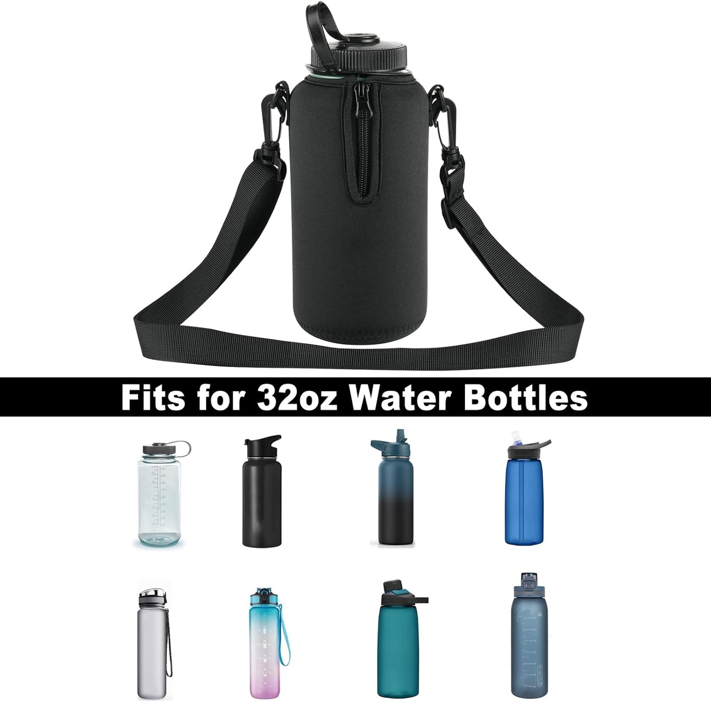 Beautyflier Neoprene Water Bottle Sleeve Insulator Cooler, Compatible with Nalgene Water Bottle 32 OZ, with Adjustable Shoulder Strap for Hydro Flask Wide Mouth Bottle 32oz, etc.