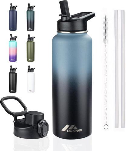 StarSpeed 32oz Insulated Water Bottle with Straw Lid, Stainless Steel Double Walled Vacuum Water Flask, Wide Mouth Sports Water Bottle for Gym Camping Hiking, Indigo Black