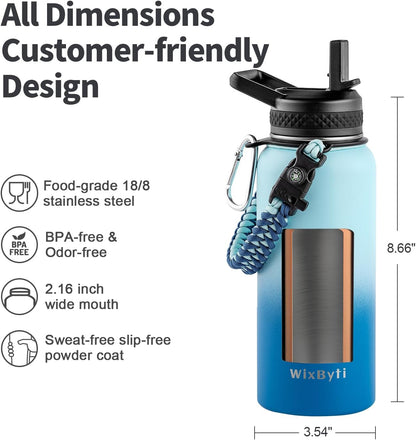 WixByti 40 oz Insulated Water Bottle with Straw (Cold for 36 Hrs), Stainless Steel Triple Wall Vacuum Sports Water Jug, Leakproof Hydro Cup Flask with Paracord Handle & Straw Spout Lids & DIY Stickers