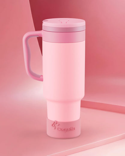 40 oz Insulated Tumbler with Handle and Push-Button Straw Lid, Stainless Steel Travel Cup for Gym Office, Leakproof, BPA-Free, Cup Holder Friendly, Bow Silicone Boot, Purple (Light Lilac)