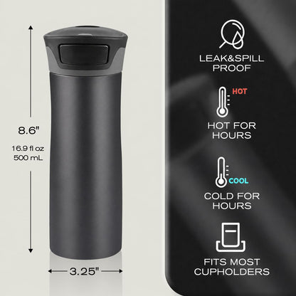 17 oz / 500 ml Travel Coffee Mug, One-Handed Pink Insulated Coffee Tumbler with Lid, Leak Proof Stainless Steel Coffee Cup, Reusable Water Bottle for Office, Car, Travel, Hot Coffee and Cold Drinks