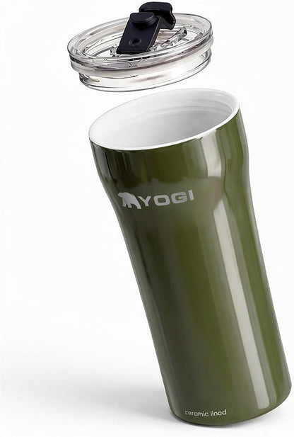 YOGI Ceramic Lined Metal Allergy Safe 16oz Coffee Tumbler with Leakproof Lid BPA Free Vacuum Insulated Stainless Steel Cupholder Friendly Travel Cup for Coffee and Water Sandstone