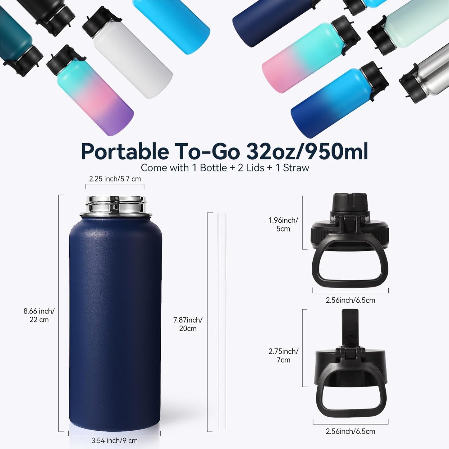 Neihepal 32 oz Insulated Water Bottle with 2 Lids (Straw & Spout Lid), 18/8 Stainless Steel Double Wall Water Bottles for Gym, Travel, Camping, Sports (Silver,1 Pack)