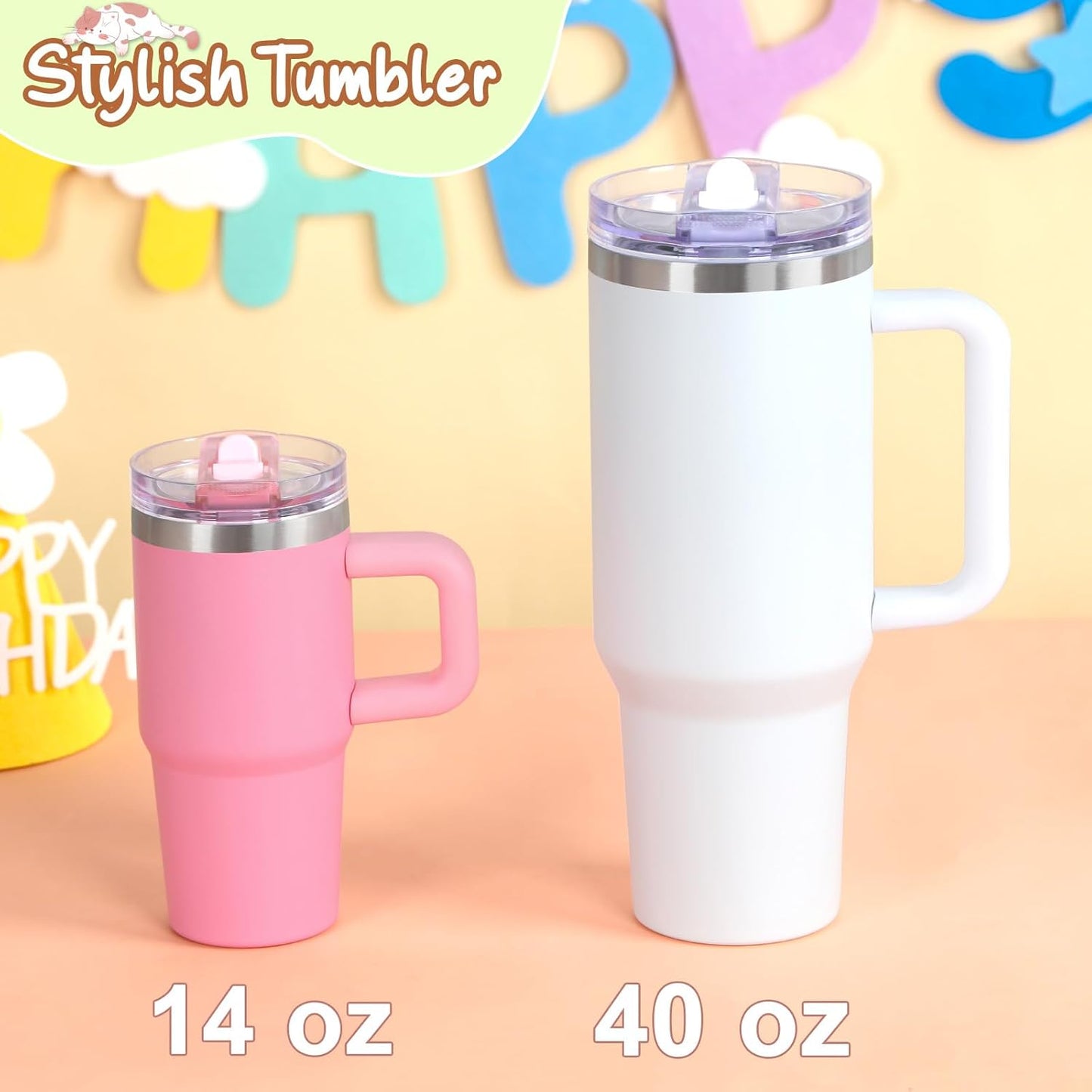 Cosictic 14 Oz Flip Straw Tumbler with Handle for Kids, Stainless Steel Double Wall Insulated Cup for Children with Flip Top Lid, 14 Oz Leak-proof Cups for Kids, Sky Blue and Purple