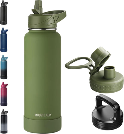 RUBYFLASK 32oz Insulated Water Bottle with Straw, Stainless Steel Metal Vacuum Water Flask, Large Thermal Water bottle with Leakproof 3 Lids for Travel, Camping, Gym Sports Indigo Black