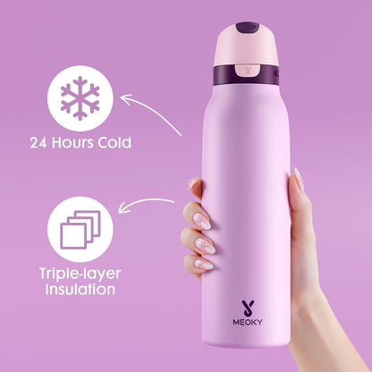 Meoky 24 oz Slim Insulated Water Bottle: Leak Proof Locking Lid, 2-in-1 Straw and Spout, 24 Hours Cold, Top Handle, BPA Free, Stainless Steel Water Bottle for Men Sports Travel Gym, Night