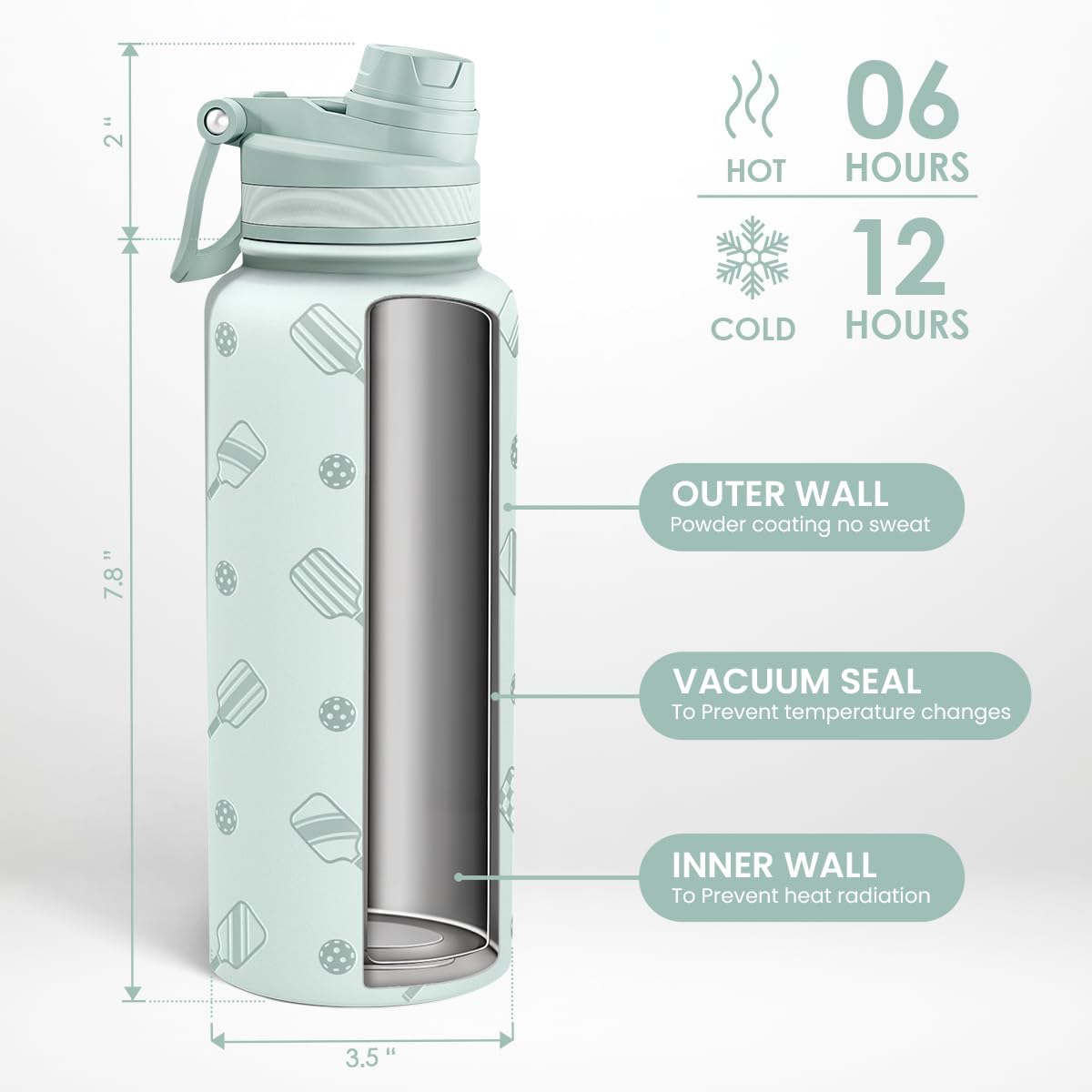 SANDJEST Pickleball Stainless Steel Water Bottle with Strap 32oz, Insulated Bottles with Straw and Spout Lid for Gym Sports Travel Outdoor, Gifts for Women Girls Birthday Christmas