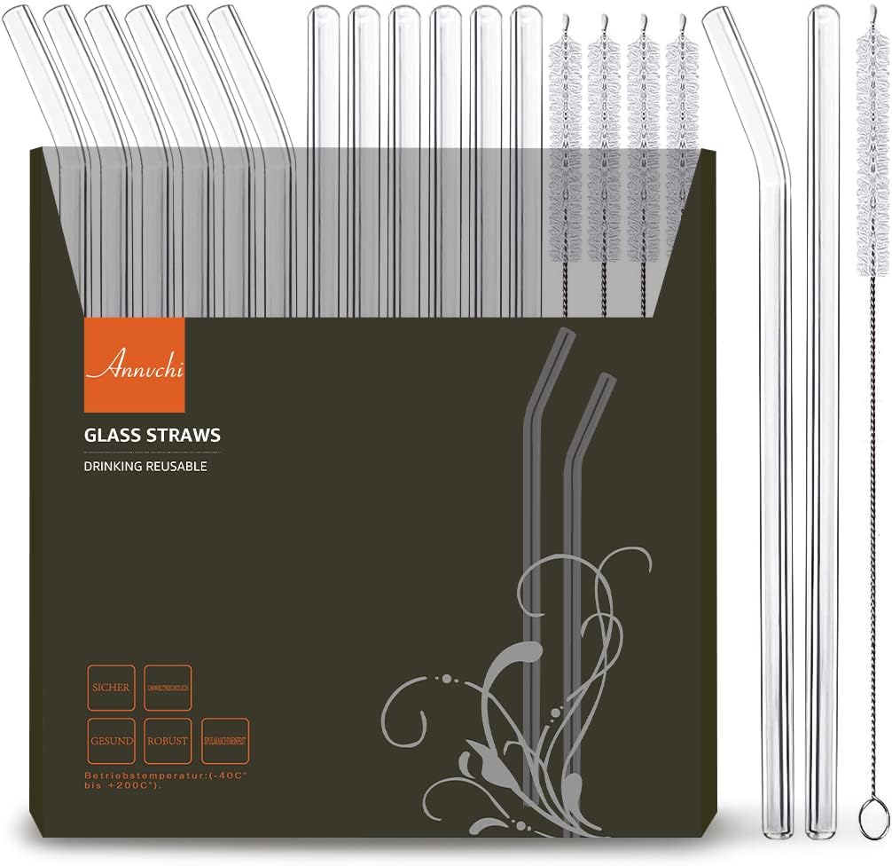 ANNVCHI 16 Pack Reusable Glass Straws,Set of 6 Straight and 6 Bent with 4 Cleaning Brush,Perfect for Smoothies,Tea, Juice, Milkshakes(8.5''x10 MM)