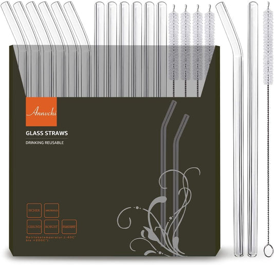 ANNVCHI 16 Pack Reusable Glass Straws,Set of 6 Straight and 6 Bent with 4 Cleaning Brush,Perfect for Smoothies,Tea, Juice, Milkshakes(8.5''x10 MM)