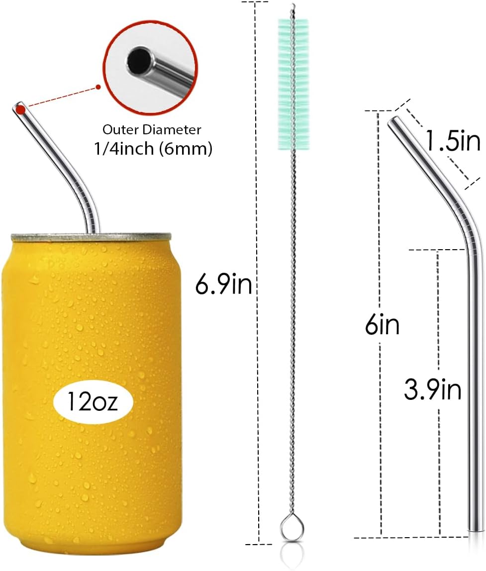 Teivio 8 Pack Short Stainless Steel Straws 6 inch Bent Metal Reusable Straws with Silicone Tips and Case, Cleaning Brush and Carry Bag for Cocktail Glasses, Small Cups