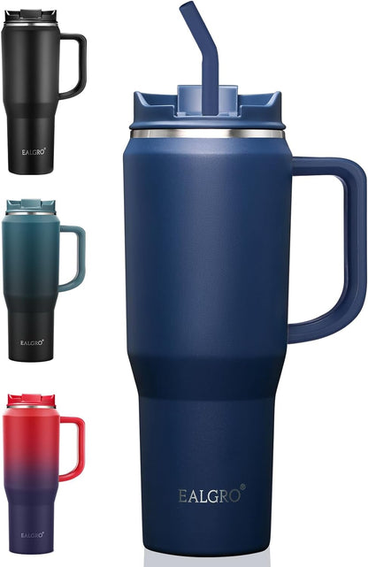 EALGRO 50 oz Tumbler with Handle, Insulated Tumblers with Lid and Straw, Large Metal Sports Water Bottle Jug, Thermal Stainless Steel Travel Coffee Mug Cup, Black