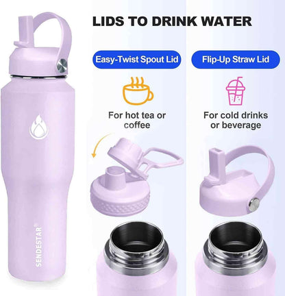 SENDESTAR 40oz Water Bottle Wide Mouth Stainless Steel Vacuum Insulated Double Wall with Straw Lids Fit in Any Car Cup Holder