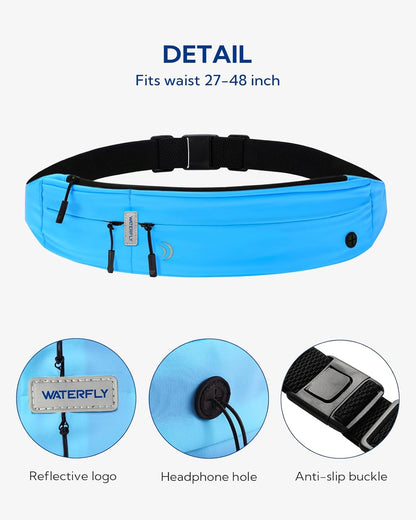 WATERFLY Running Belt Fanny Pack: Runner Marathon Jogging Waist Pack Sport Workout Exercise Fitness Phone Holder Belt for Men Women Jogger Slim Waist Bag Black