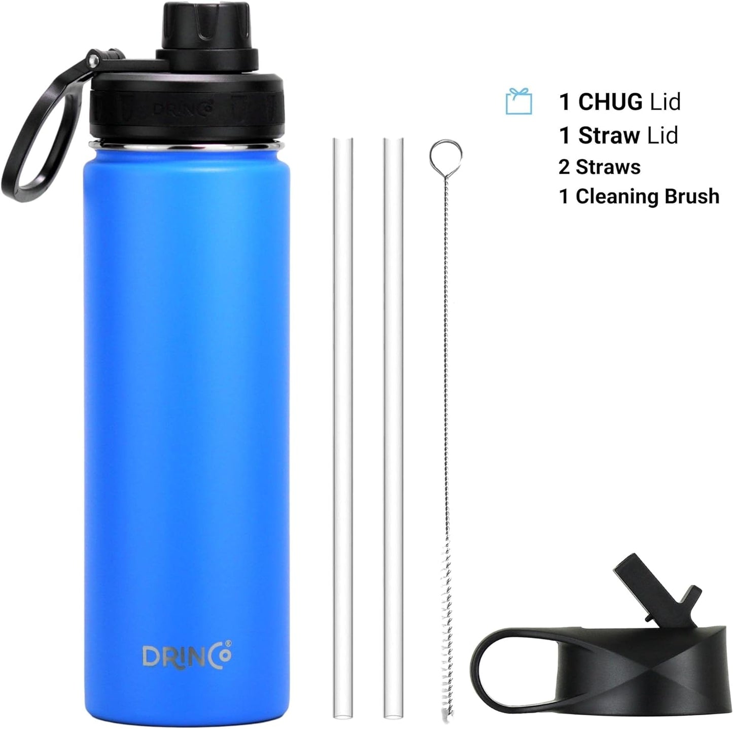 Drinco Stainless Steel Water Bottle Spout Lid Vacuum Insulated Double Wall Water Bottle Wide Mouth (40oz 32oz 22oz 18oz 14oz) Leak Proof Keep Cold Sport Camping Hiking (22 oz, 22oz Black)