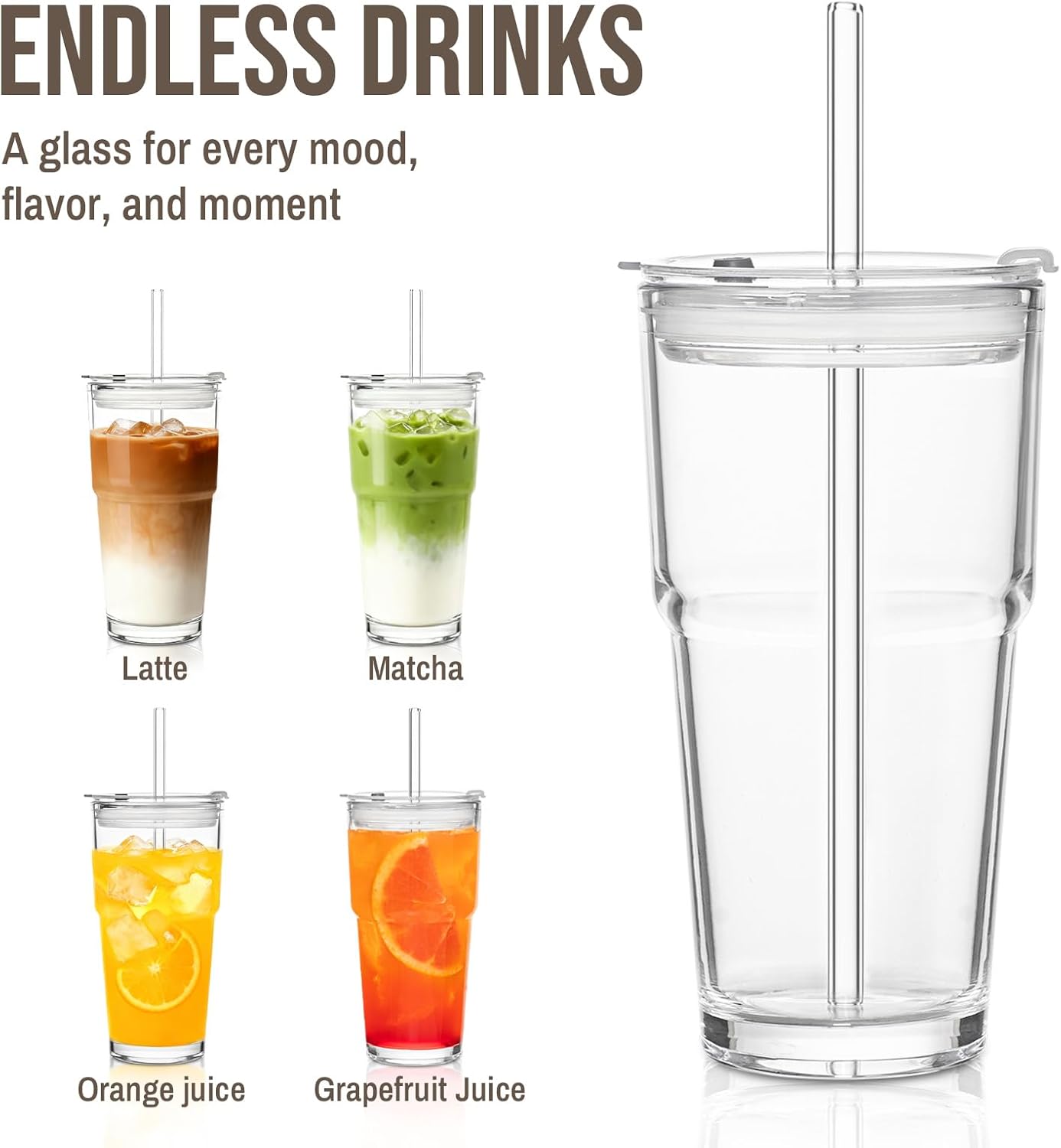 SoulTimes 20oz Glass Cups with Lids and Straws, Ribbed Glass Tumbler for Iced Coffee, Smoothie, Juice & Cold Drinks, Reusable Thick Glassware Set, Elegant Home & Travel Drinkware【2 Pack】