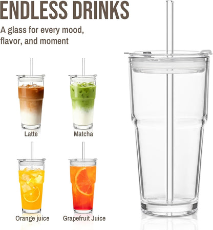 SoulTimes 20oz Glass Cups with Lids and Straws, Ribbed Glass Tumbler for Iced Coffee, Smoothie, Juice & Cold Drinks, Reusable Thick Glassware Set, Elegant Home & Travel Drinkware【2 Pack】