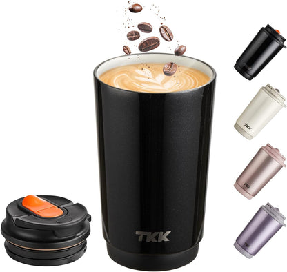 TKK Coffee Cup with Ceramic Coating - 14oz Insulated Stainless Steel Travel Mug, Leak-Proof Tumblers with Straw for Hot/Cold Beverages, Easy Wide Mouth Cleaning, White