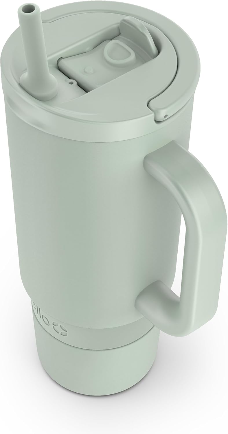 Ello Port 40oz Tumbler with Carry Loop & Integrated Handle, Vacuum Insulated Stainless Steel Reusable Water Bottle, Travel Mug with Leak Proof Lid & Straw, Perfect for Iced Coffee & Tea, White