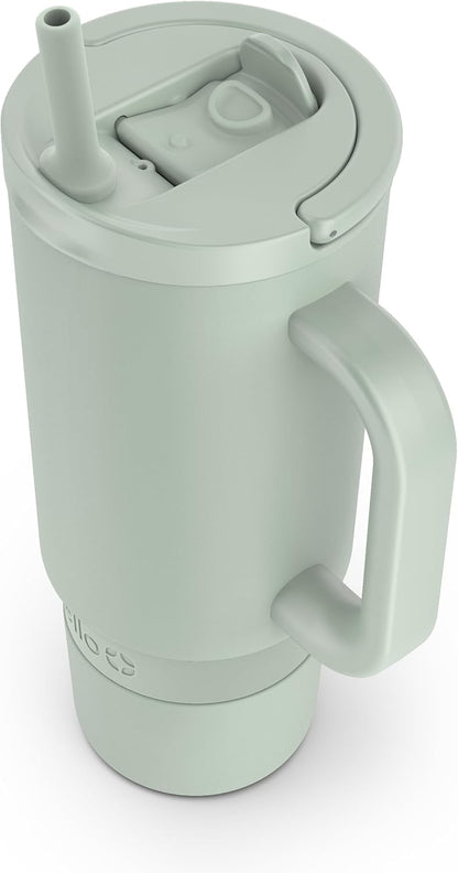 Ello Port 40oz Tumbler with Carry Loop & Integrated Handle, Vacuum Insulated Stainless Steel Reusable Water Bottle, Travel Mug with Leak Proof Lid & Straw, Perfect for Iced Coffee & Tea, White