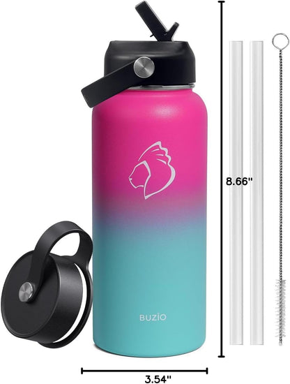 BUZIO 40oz Insulated Water Bottle, Triple Wall Vacuum Stainless Steel Water Flask with 2 lids, Lead-Free BPA-Free Straw Lid Sports Canteen Jug, Cold 48H & Hot 24H- Black - Colors B