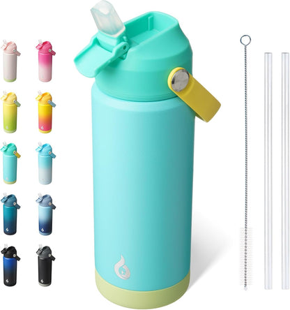BJPKPK Insulated Water Bottle with Straw Lid, 18oz Thermo Water Bottles with Soft Nozzle, Flex Handle & Non-slip Boot, BPA Free Leak Proof Stainless Steel Metal Thermo, Tumblers, Cups,Sea Salt