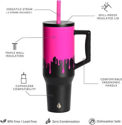 Elemental 32 oz 100% Leak Proof Tumbler with Handle & Straw - Stainless Steel Double Wall Insulated Tumbler for Hot and Cold Beverages - Travel Coffee Mug with Sip & Straw Lid - White - Colors B