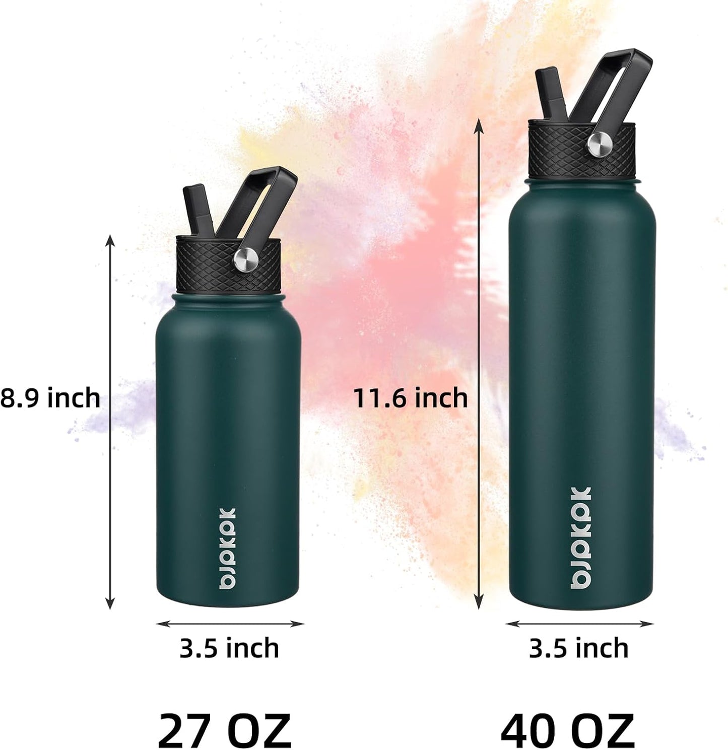 BJPKPK Insulated Water Bottles with Straw Lid, 40oz Stainless Steel Water Bottles with 3 Lids, BPA Free Leakproof Thermo, Tumblers, Cups for Sports, Gym- Midnight - Colors A