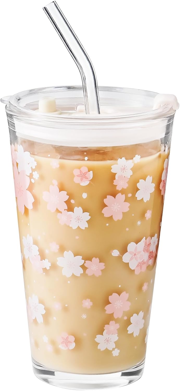 Olvini 15oz Glass Tumbler with Straw and Lid, Cute Iced Coffee Cups, Aesthetic Glass Cups, Coffee Tumbler, Water Cup, Matcha Cup, Drinking Glasses (Clear)