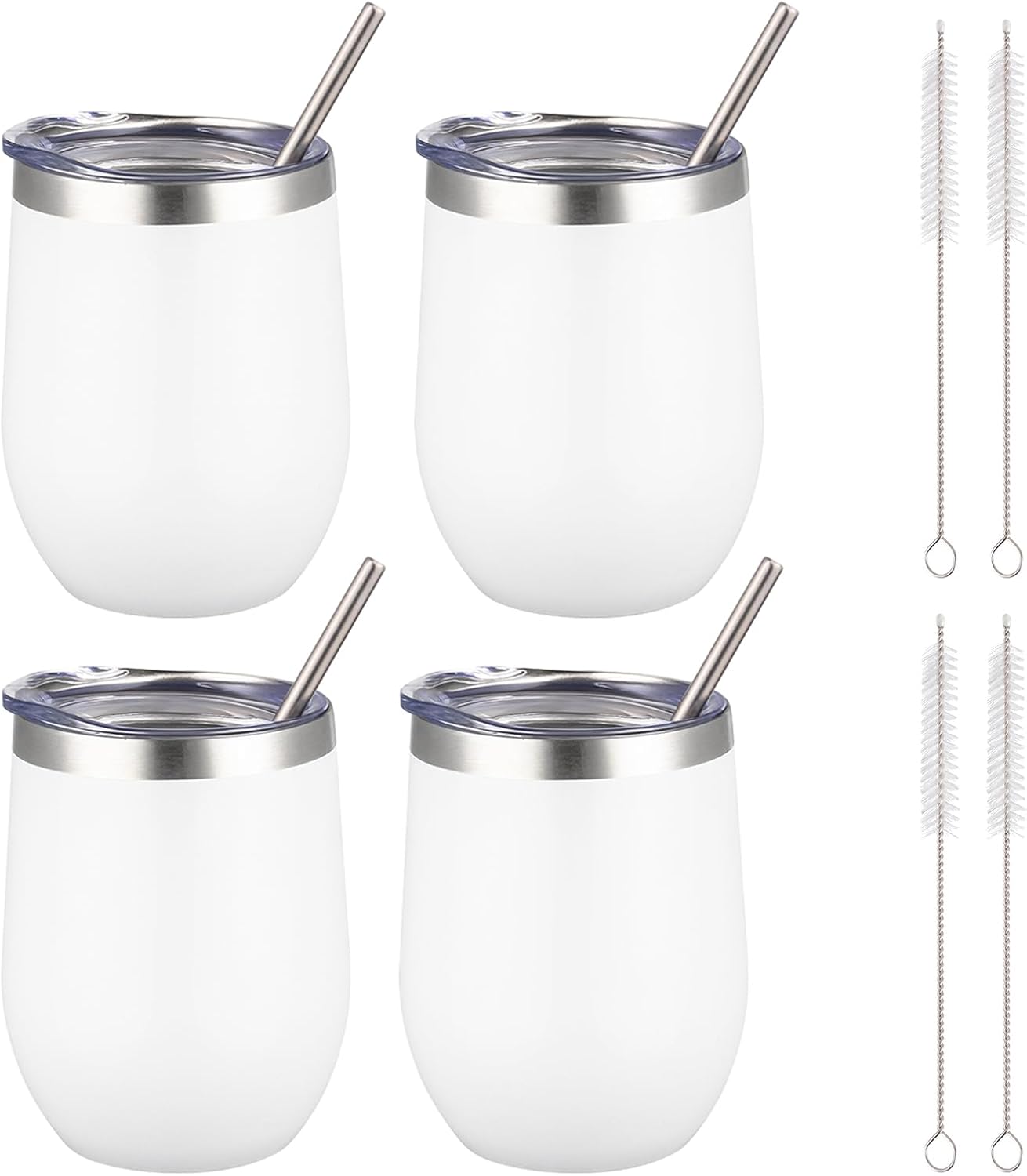 12 oz Insulated Wine Tumbler with Lid and Straw,Stainless Steel Stemless Wine Tumbler Glasses Double Wall Vacuum Wine Cups Tumbler for Coffee,Champaign,Cocktail,Office（Silver,1）