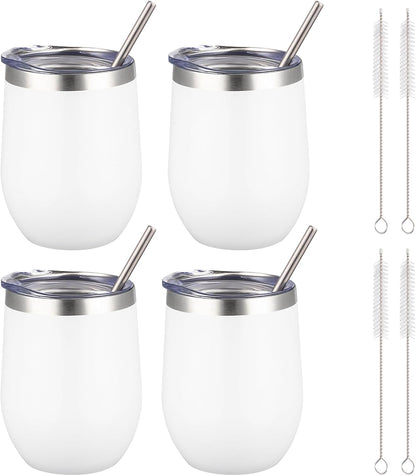 12 oz Insulated Wine Tumbler with Lid and Straw,Stainless Steel Stemless Wine Tumbler Glasses Double Wall Vacuum Wine Cups Tumbler for Coffee,Champaign,Cocktail,Office（Silver,1）