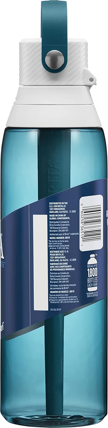 Brita Hard-Sided Plastic Premium Filtering Water Bottle, BPA-Free, Reusable, Replaces 300 Plastic Water Bottles, Filter Lasts 2 Months or 40 Gallons, Includes 1 Filter, Sea Glass - 26 oz.