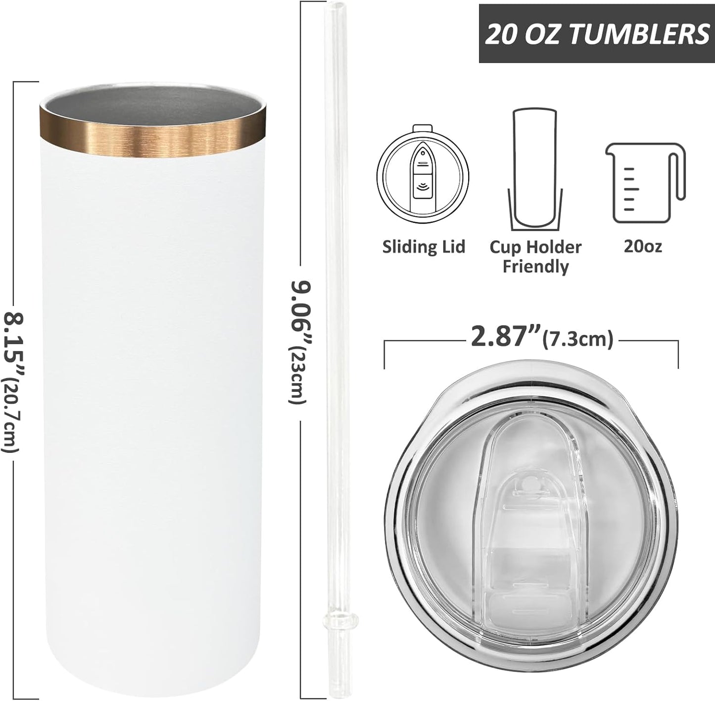 20 oz Skinny Tumblers Bulk, Stainless Steel Insulated Tumbler with Lids and Straws, Slim Double Wall Powder Coated Travel Coffee Mugs Reusable Cup for Hot Cold Drinks (Black,1 pack)