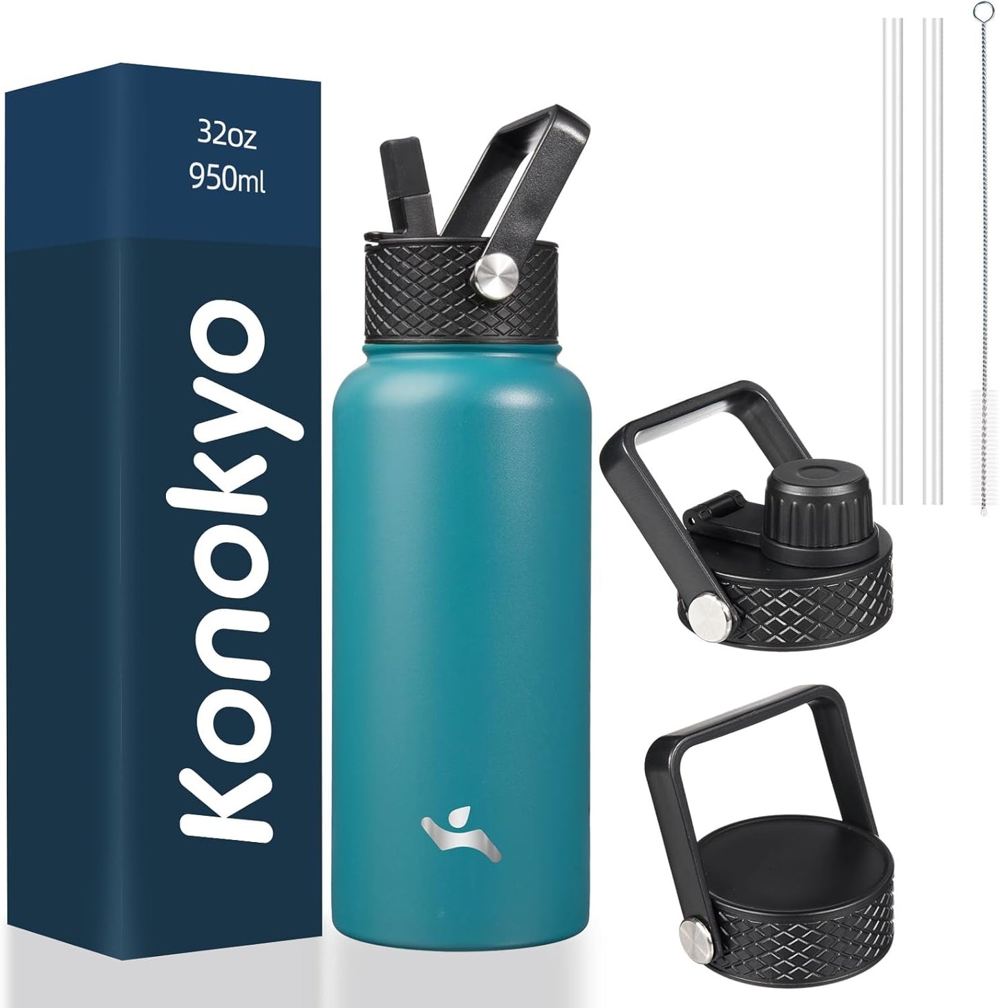 Konokyo 22oz Stainless Steel Bottles with 3 Lids Sport Insulated Water Bottle,Mint